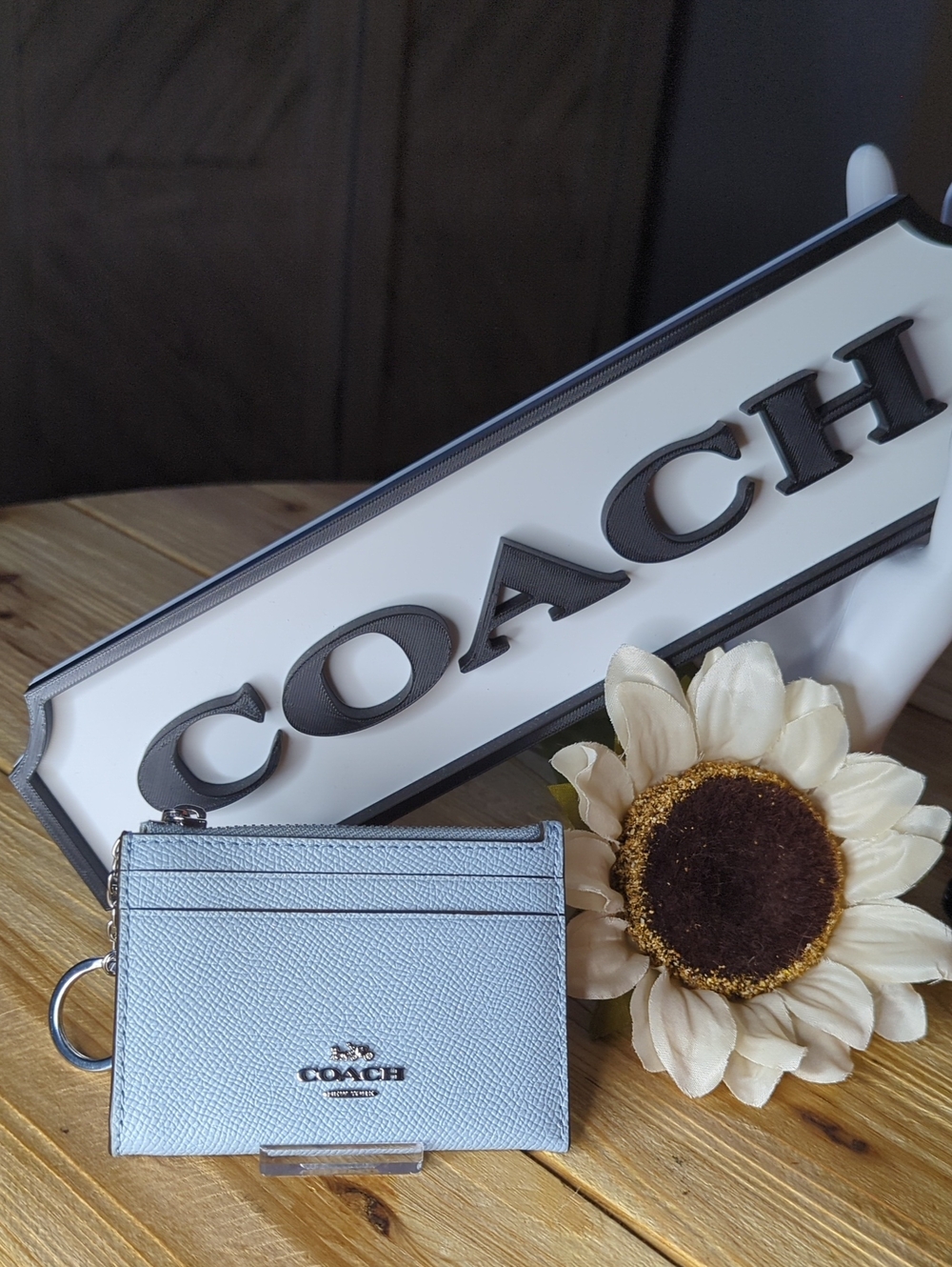 COACH Pebbled Leather Card Case with Key Ring in Light Blue